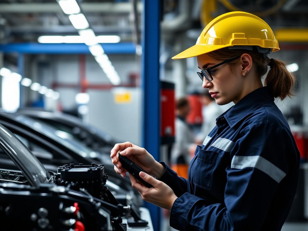 A technician inspecting an automotive component on the factory floor