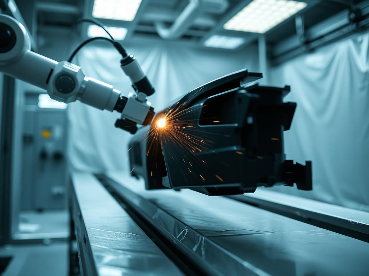 Robot painting line finishing a plastic automotive component in a clean room